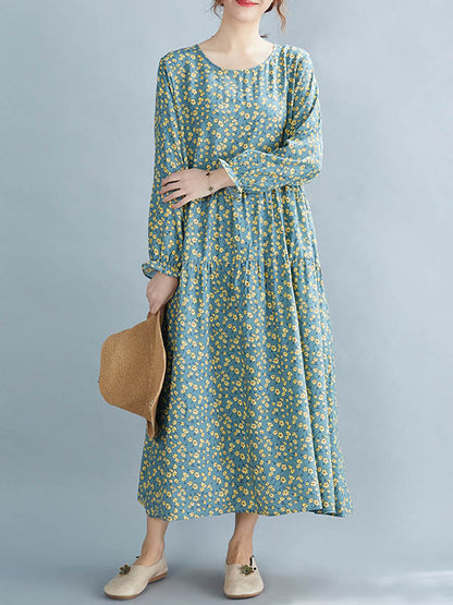 Artistic Retro Floral Printed Pleated Round-Neck Long Sleeves Midi Dress