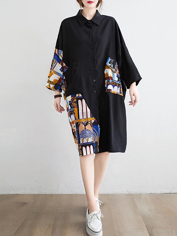 Original Cartoon Printed Round-Neck Shirt Dress