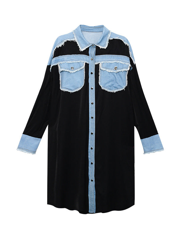 Original Stylish Loose Denim Split-Joint With Pocket Buttoned Lapel Collar Long Sleeves Midi Shirt Dress