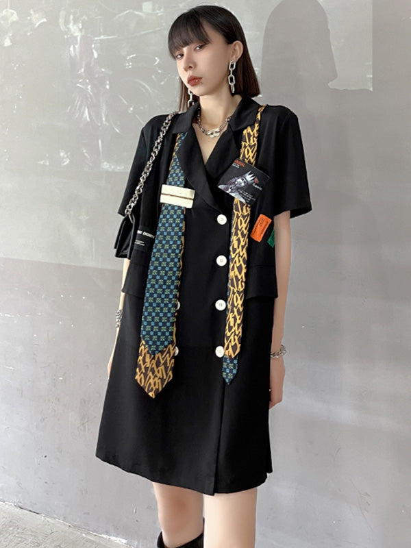 Stylish Buttoned Tie Split-Joint With Pocket Applique Notched Collar Short Sleeves Mini Shirt Dress