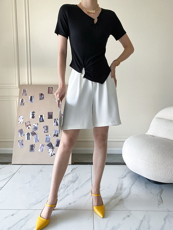 Original Casual Solid Color Pleated Skinny T-Shirt Top