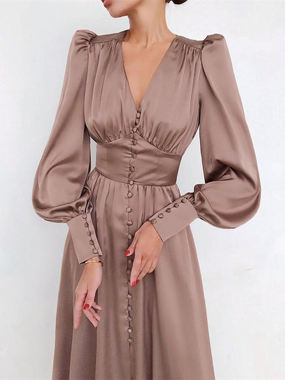Urban Buttoned Split-Front High Waisted Puff Sleeve A-Line Midi Dress