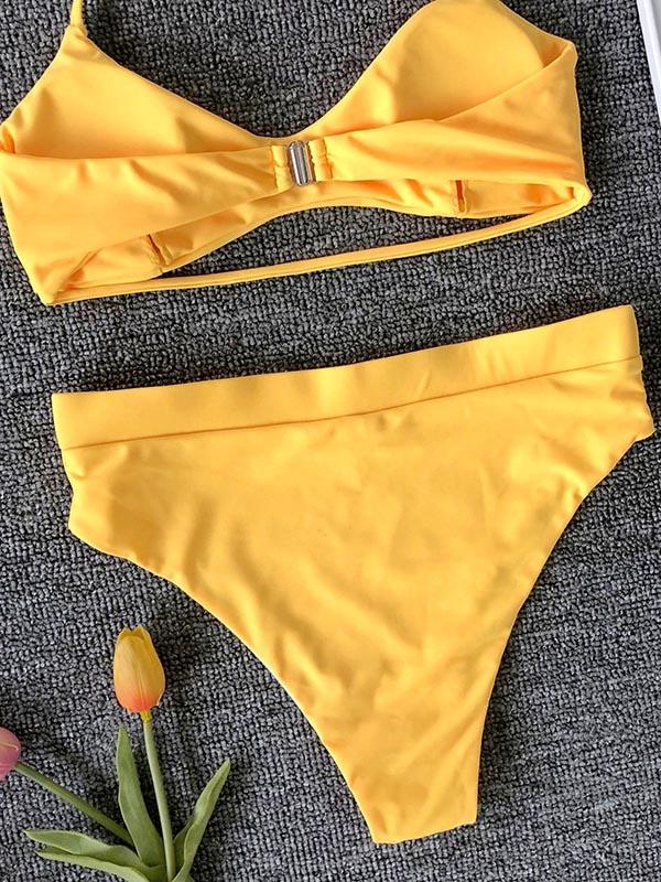 Solid Color Simple Bandage Split Bikini Swimsuit