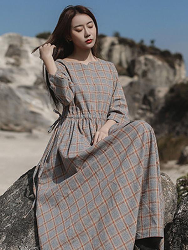 Artistic Retro Solid Irregularity Neck Dress