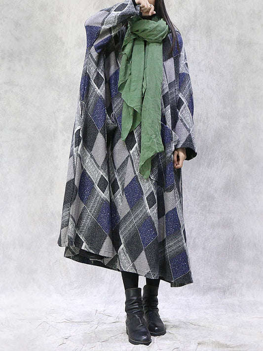 Artistic Retro Plaid Drawstring Hooded Midi Dress