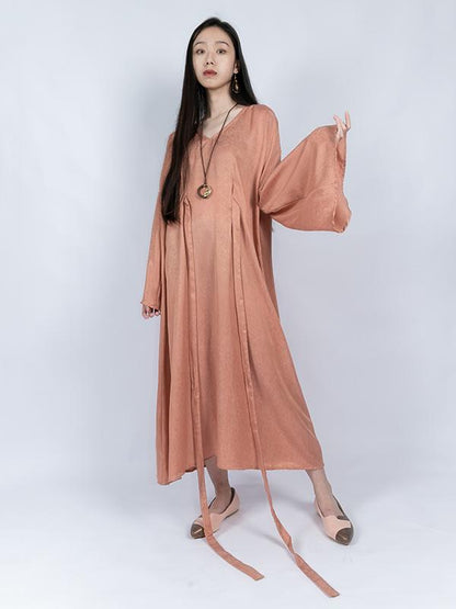 Tencel Flared Sleeves V-neck Lace-up Long Dress