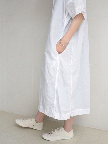 Urban Buttoned Solid Color Lapel Batwing Sleeve Midi Dress