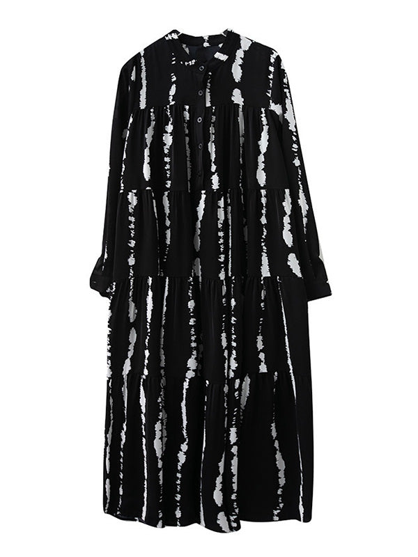 Stylish Buttoned Printed Long Sleeves Stand Collar Loose Midi Dress