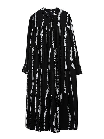 Stylish Buttoned Printed Long Sleeves Stand Collar Loose Midi Dress