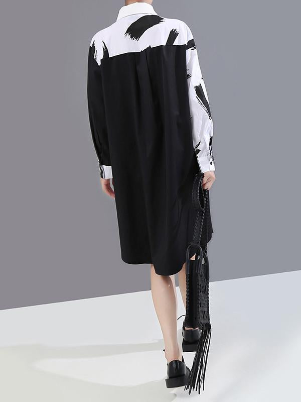 Long Split-Joint Lapel Printed Sleeve Midi Dress