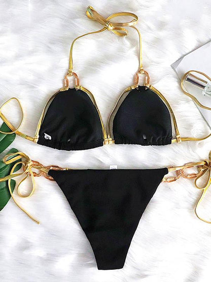 Solid Color Bandage Split Bikini Swimsuit