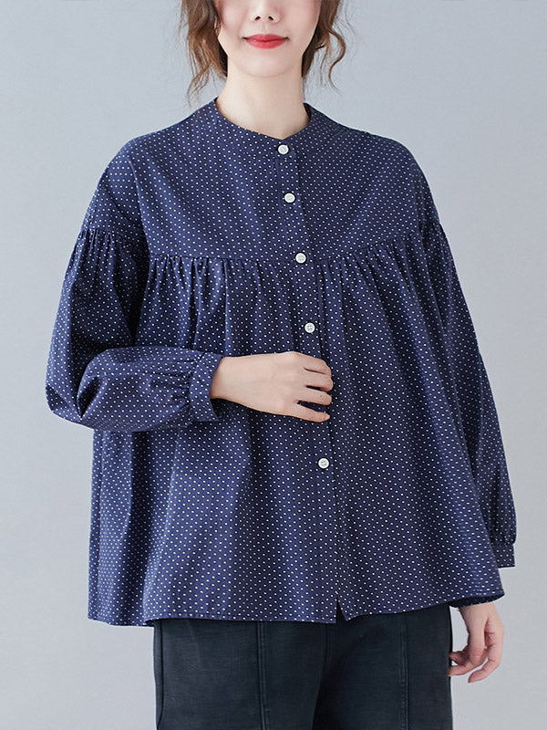 Casual Polka-Dot Buttoned Pleated Lapel Collar Long Sleeves Blouse