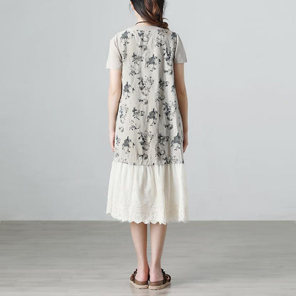 Casual Summer Short Sleeve Floral Beige Long Dresses