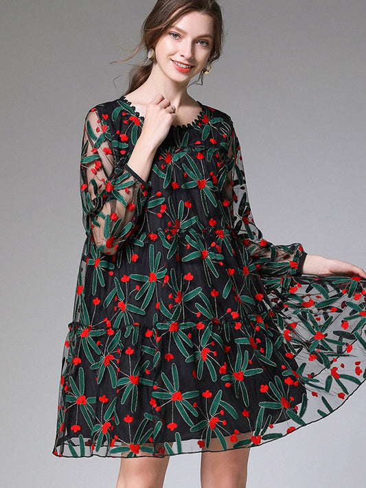 Original Lace Mesh Embroidered Contrast Color Mini Dress