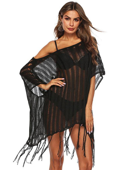 Loose Off-the-Shoulder Knitted Tasseled Beach Cover-Up