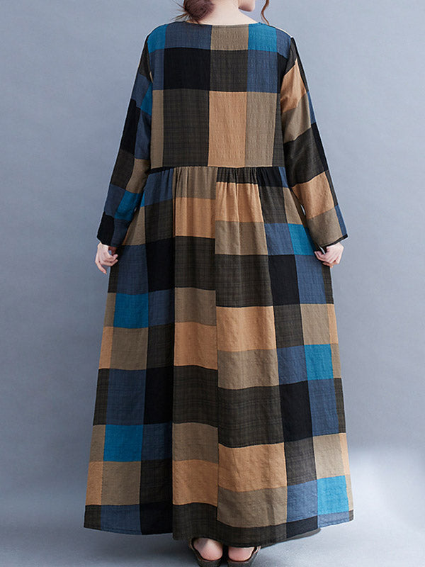 Vintage Ramie Cotton Long Sleeves A-Line Maxi Dresses