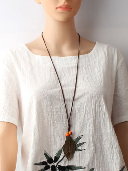 Vintage Alloy Leaf Velour Leather Rope Necklace