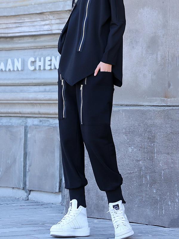 Loose Solid Pocket Zipper Overall Pants