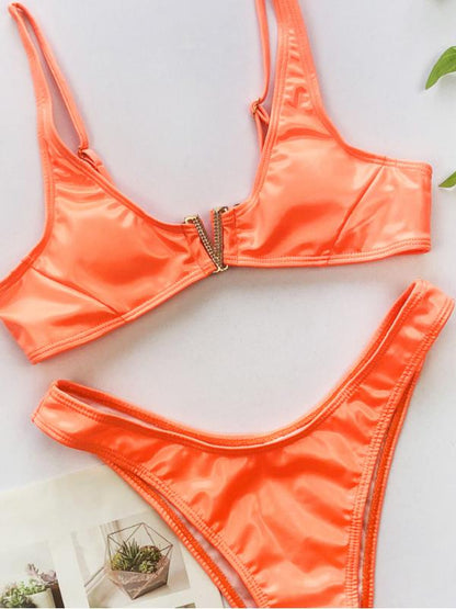 V-Neck Pecial Metal Buckle Vest Bikini Swimsuit