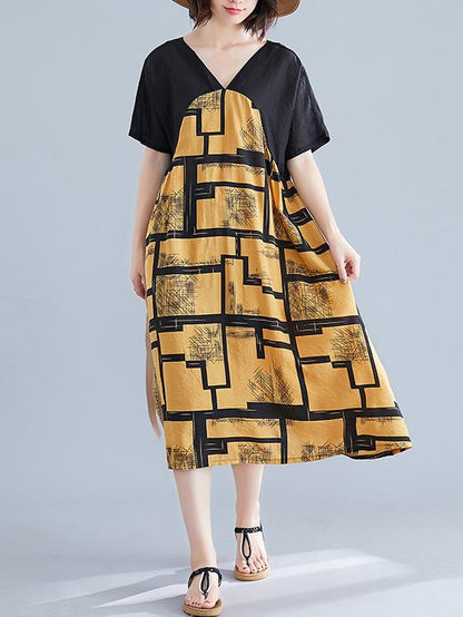 Cotton Linen Printed  V-neck Dress