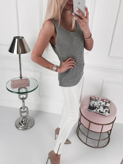 Simple Gray Knitting Vest Tops