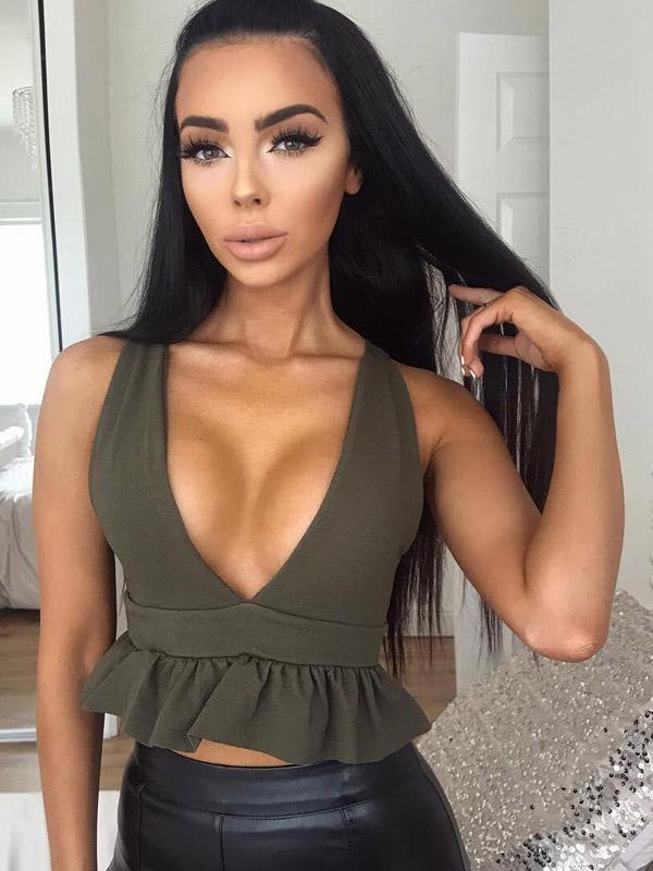 Solid V-neck Sleeveless Falbala Tank