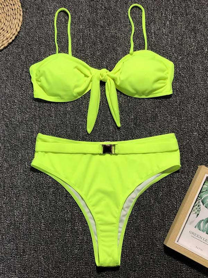 Leopard Print Bowknot High Waisted Bikini Swimsuit