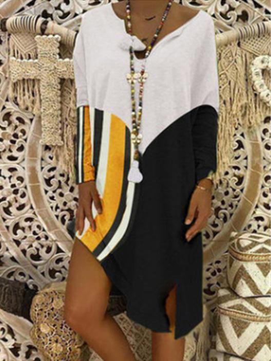 Striped Split-Joint V-neck Mini Dress