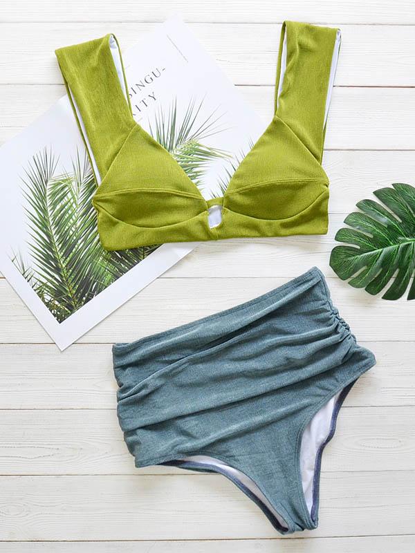 Solid Color Deep V-Neck Split Bikini Swimsuit