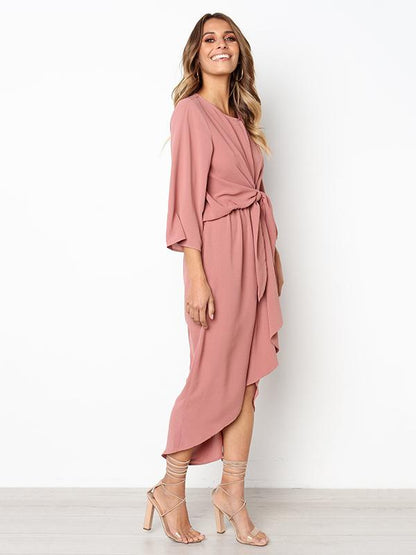 Solid Color Bandage Fabala Long Sleeves Midi Dress