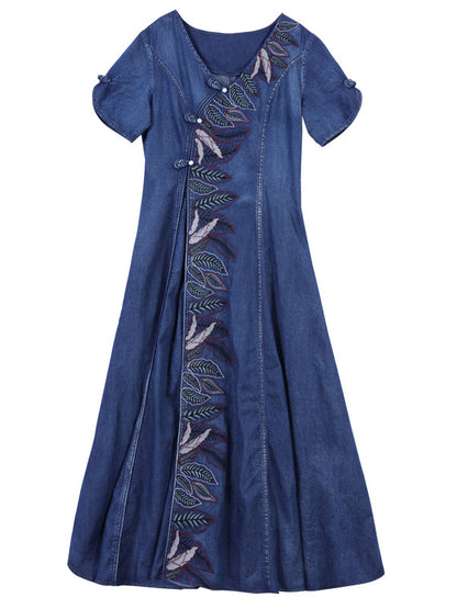 Original Asymmetric Embroidered Loose Short Sleeves Midi Dress
