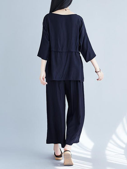 Plus Size Loose Solid Wide-leg Two-piece Suits