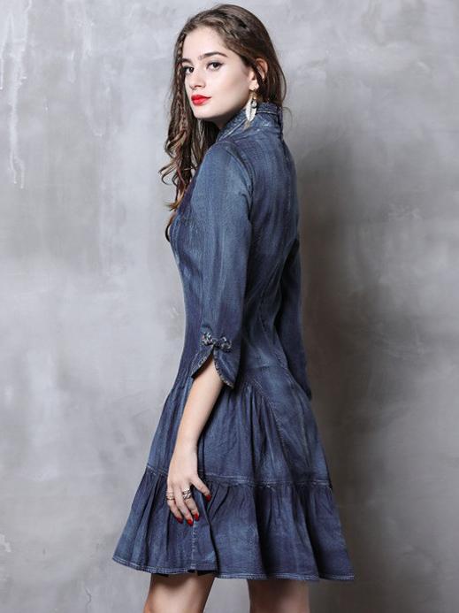 Vintage Falbala Short Cheongsams Denim Dress