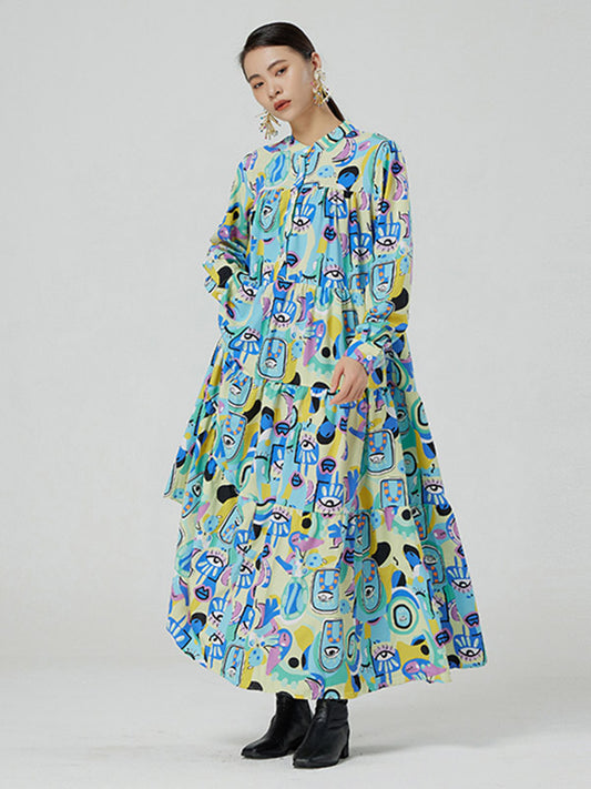 Original Abstract Printed Stand Collar Long Sleeves Midi Dress