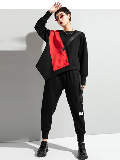 Stylish Black&Red Asymmetric Contrast Color Round-Neck Long Sleeves T-Shirt