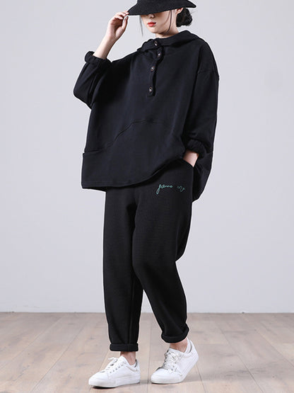 Casual Solid Color Buttoned Batwing Sleeve Hoodies