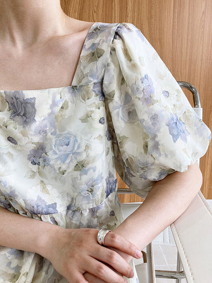 Original Floral Printed Square-Neck Puff Sleeve Mini Dress
