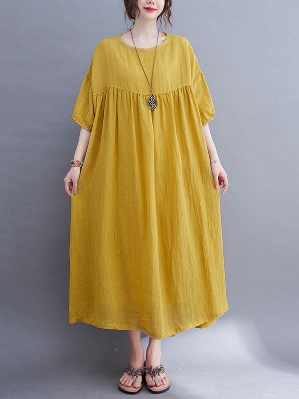 Simple Solid Color Puff Sleeve Midi Dress