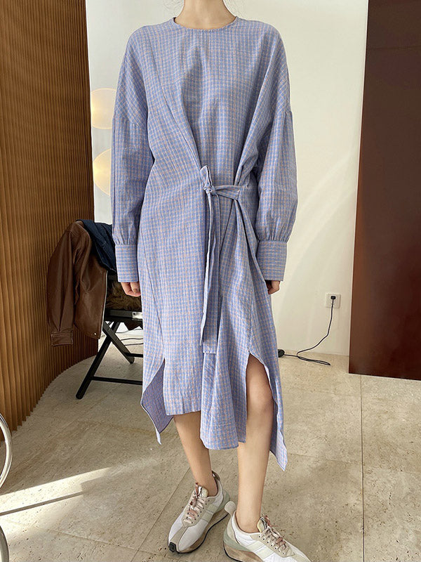 Urban Asymmetric Plaid Round-Neck Batwing Sleeve Shirt Dress