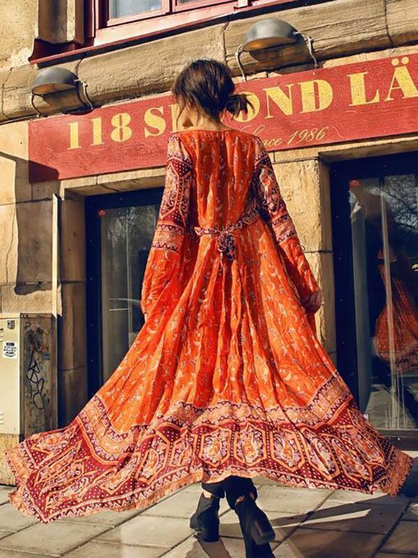 Floral Long Sleeves Beach Cover-Ups Dress