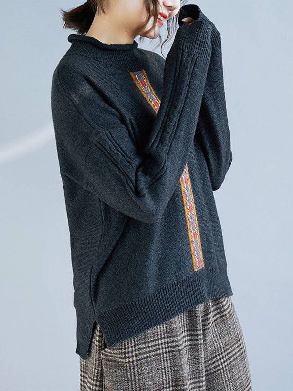 Casual Split-Side High-Neck Long Sleeves Sweater Tops