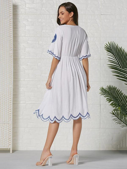 Bohemia Embroidered Hollow  Lace-trimmed Cotton Midi Dress