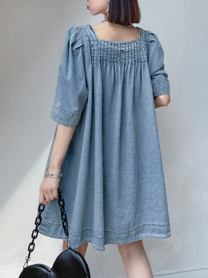Stylish Denim Blue Pleated Square-Neck Half Sleeves H-Line Mini Dress