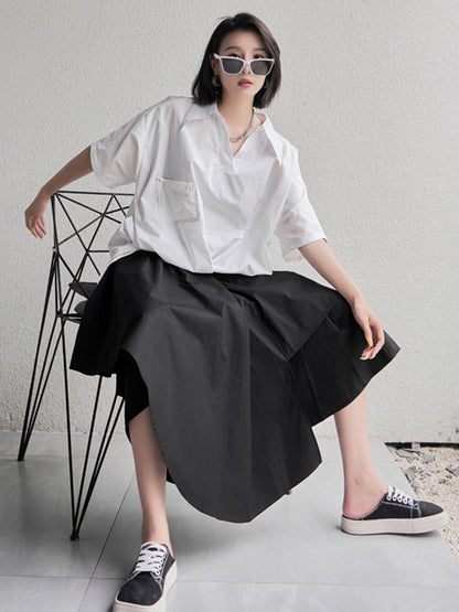 Urban Solid Color High-Low Batwing Sleeves Lapel V-Neck Shirts