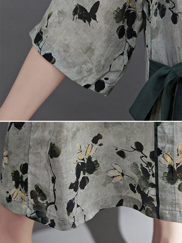 Artistic Retro Loose Tied Floral Printed Pleated V-Neck Short Sleeves Midi Dress