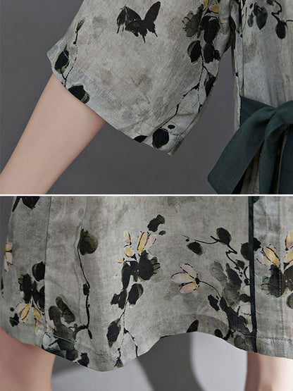 Artistic Retro Loose Tied Floral Printed Pleated V-Neck Short Sleeves Midi Dress
