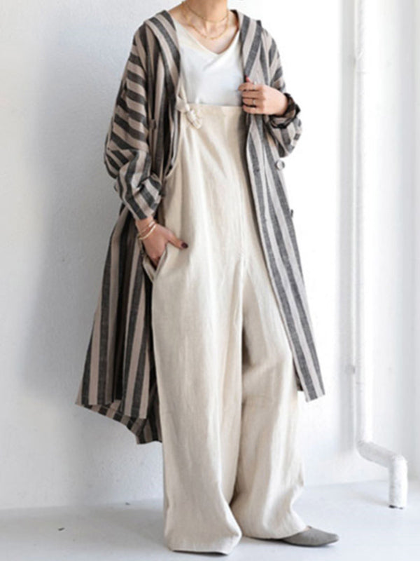 Simple Ramie Cotton Solid Color Wide Leg Overalls