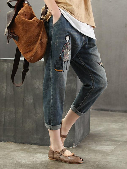 Embroidery Cartoon Shredded Jeans Pants