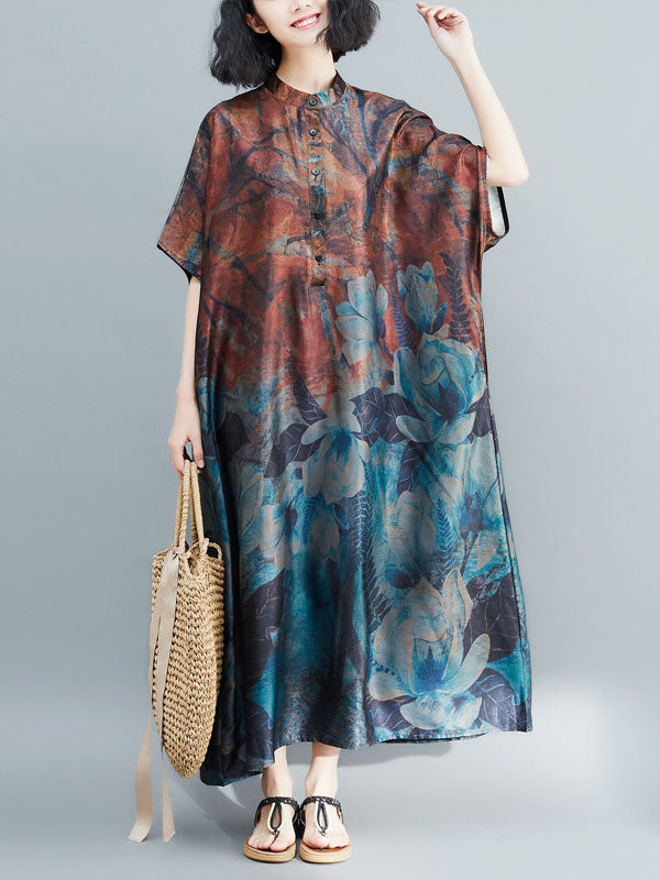 Vintage Loose Printed Stand Collar Batwing Sleeves Maxi Dress