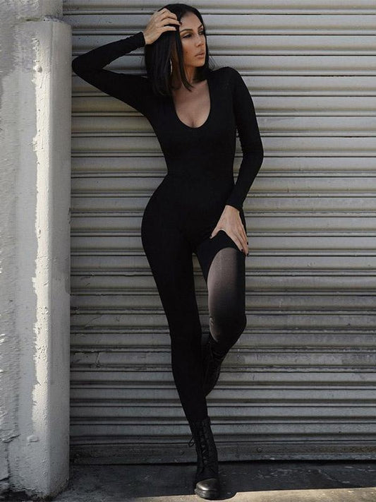 Solid Color Long Sleeves U-Neck Jumpsuits